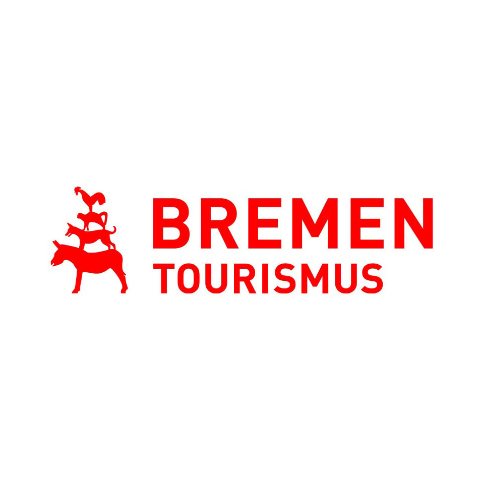Eine rote Grafik auf weißem Hintergrund. Man sieht die vier Bremer Stadtmusikanten: Esel, Hund, Katze und Hahn. Daneben der Schriftzug: BTZ Bremen Tourismus.