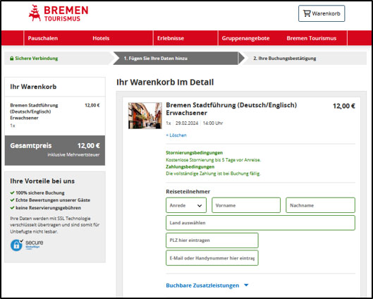 Ansicht des Portals tourismus.bremen.de: Angebote buchen und bezahlen.