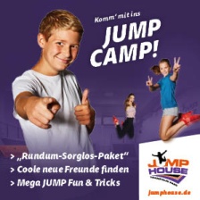 Werbebanner vom Jump House Bremen mit drei Kindern und dem Text "Rundum-Sorglos-Paket", Coole neue Freunde finden, Mega Jump Fun und Tickets