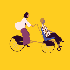 Illustierte Frau und Mann auf barrierefreiem Fahrrad vor gelbem Hintergrund 
