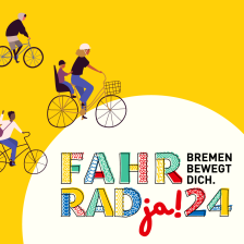 Das Logo von FAHRRADja 2024. Bremen bewegt Dich auf weißem Hintergrund. Daneben sind auf gelben Hintergrund Fahrrad-Icons zu sehen.