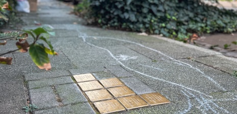 8 Stolpersteine, drum herum haben Kinder mit Kreise gemalt.