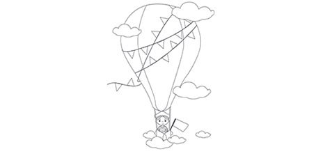Das Ausmalbild zeigt einen Mensch im Heißluftballon über den Wolken.