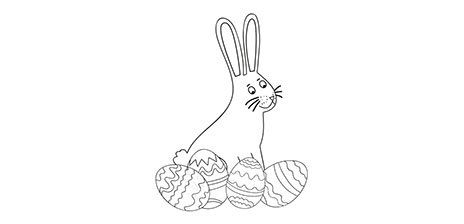Das Ausmalbild zeigt einen Hasen mit Ostereiern.