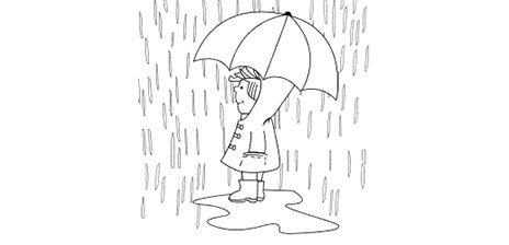 Das Ausmalbild zeigt ein Kind im Regen mit Regenschirm.