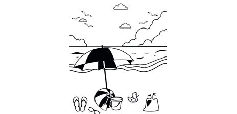 Das Ausmalbild zeigt einen Strand am Meer mit Sonnenschirm und verschiedenen Bade- und Spielutensilien.