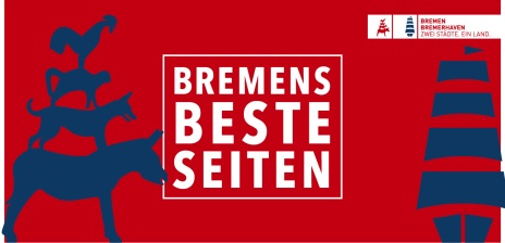 Eine Grafik und rot weiß und blau: links die Stadtmusikanten, rechts ein Segelschiff, in der Mitte steht "Bremens beste Seiten".