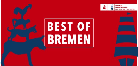 A red, white and blue graphic: the Town Musicians on the left, a sailing ship on the right, with "Best of Bremen" in the middle.