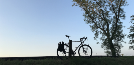 Ein Fahrrad steht auf einem Hügel neben einem Baum vor blauem Himmel 