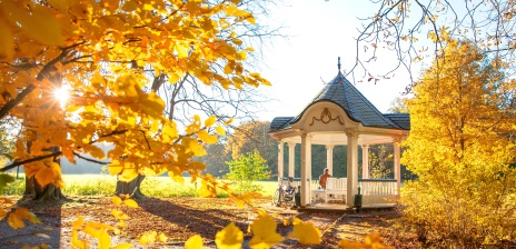 Eine Art Pavillon in herbstlicher Kulisse.