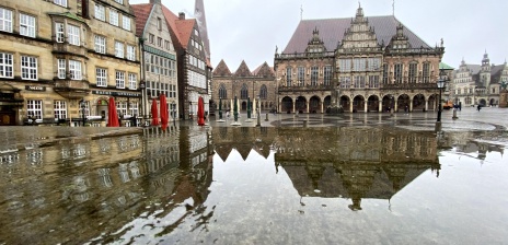 Historische Gebäude spiegeln sich auf einer nassen Fläche.