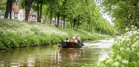 Ein Torfkahn fährt auf einem kleinen Fluss, die Umgebung ist grün.