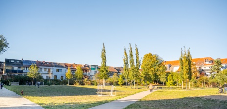 Eine Grünfläche zwischen mehreren Wohnblocks.