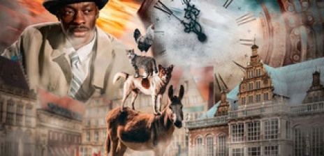 Bild mit den Stadtmusikanten, dem Bremer Rathaus und einem Detektiv
