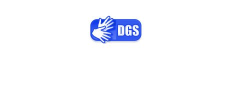 Das Logo für Deutsche Gebärdensprache: Weiße Grafik auf blauem Grund. Zwei gebärdende Hände und der Schriftzug DGS.