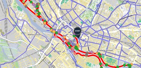 Rot eingezeichnete Fahrradroute durch Bremen auf einem Ausschnitt einer Landkarte von Bremen.
