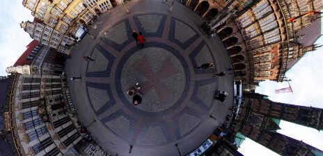Aerial view shows the red-paved Hanseatic cross in the floor of Bremen's market square