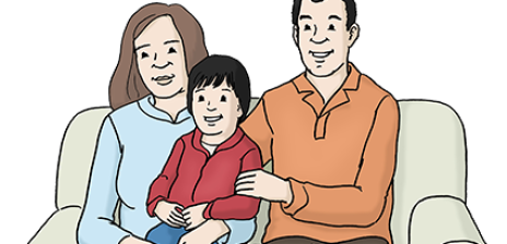 Zeichnung von zwei Eltern mit einem Kind.