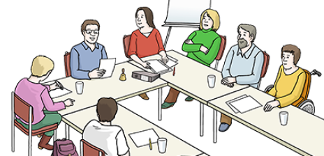 Zeichnung einer Gruppe von Menschen in einer Sitzung.