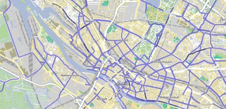 Kartenausschnitt des Bike Citizens Routenplaners in der Webansicht