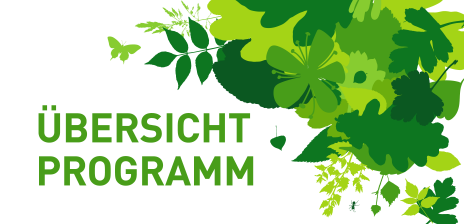 Eine weiße Grafik, auf der grüne Blätter und Tiere zu sehen sind und darüber steht: "Übersicht Programm".