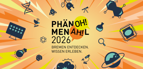 Fliegende wissenschaftliche Symbole umgeben das Logo des Themenjahres "Phänomenal 2026"