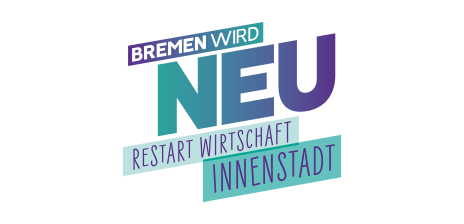 Logo mit dem Schriftzug "Bremen wird neu - Restart Wirtschaft Innenstadt" in blau-türkisen Farben.