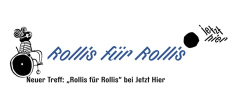 Grafik einer Person im Rollstuhl. Schriftzug: Rollis für Rollis - jetzt hier. Neuer Treff: "Rollis für Rollis" bei Jetzt Hier.