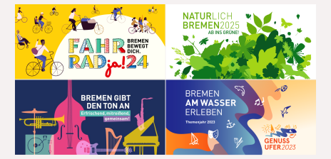 Vier Keyvisuals der Themenjahre Bremen: Sternstunden, Phänomenal, klangfrisch und Genussufer