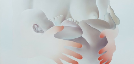 Eine Illustration einer Frau, die ein Baby hält.