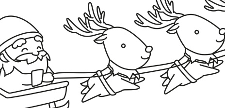 Ein Ausmalbild für Kinder mit einem Weihnachtsmann auf seinem Schlitten, der von 3 Rentieren durch die Luft gezogen wird. Drumherum einzelne kleine Geschenke und Tannenbäumchen.