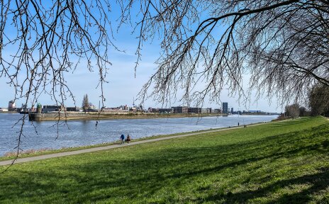 Ein Weg führt am unteren Ende eines Deiches entlang. Daneben fließt die Weser.
