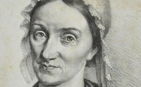 Eine Zeichnung zeigt Gesche Gottfried, die eine Haube trägt. Darunter stehen einige Informationen zu der Frau.