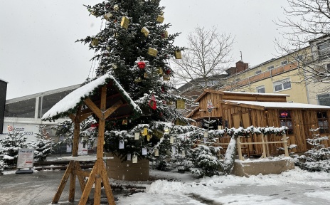Auf einem Platz steht ein kleiner Weihnachtsmarkt mit einem Tannenbaum in der Mitte.