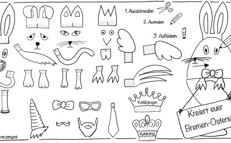 Eine gezeichnete Anleitung zum ausschneiden, mit Ohren, Pfoten und Gesichtern, damit man sie ausschneiden kann und auf ein Osterei kleben.