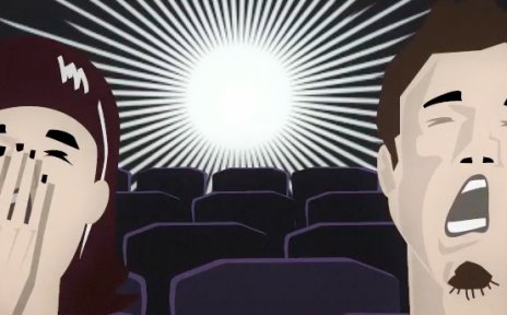Zwei gezeichnete Menschen im Kino schreien entsetzt. Über ihnen steht das Wort Spiegelneuronen.