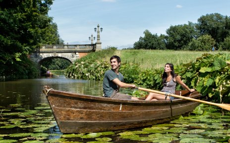 Couple in a rowboat in a pond with water lilies.