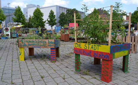 Hochbeete mit grünen Pflanzen stehen auf einem betonierten Platz; Quelle: bremen.online GmbH - MDR