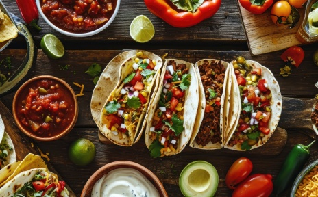 Table on which many Mexican dishes can be seen.
