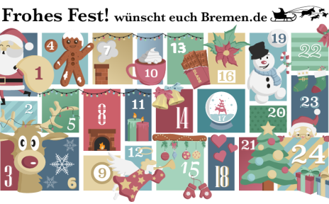 "Frohes Fest! wünscht euch Bremen.de" steht über weihnachtlichen Motiven vor 24 Kästchen 
