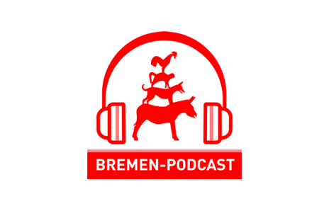 Ein Logo in rot und weiß zeigt die Stadtmusikanten, die von einem großen Kopfhörer umrahmt sind. Darunter die Aufschrift Bremen Podcast