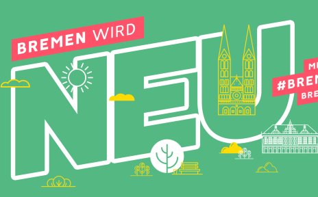 Ein grünes Banner weist auf die Kampagne Bremen wird neu hin