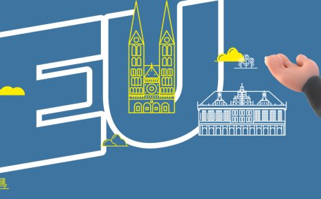 Bremen wird neu - ein weißer Schriftzug auf blauem Grund kündigt bauliche Veränderungen in der Bremer Innenstadt an