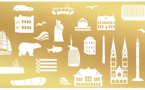 Golden background with white icons with a Bremen reference.