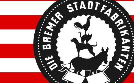 Zu sehen ist ein rot weiß gestreiftes Logo. Auf den Streifen ist ein schwarzer Kreis zu sehen mit dem Slogan "Die Bremer Stadtfabrikanten" In der Mitte des Kreises sind die Bremer Stadtmusikanten platziert, die in einem Karton stehen.