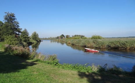 Auf einem Gewässer fährt ein Boot, umgeben von Grünflächen.