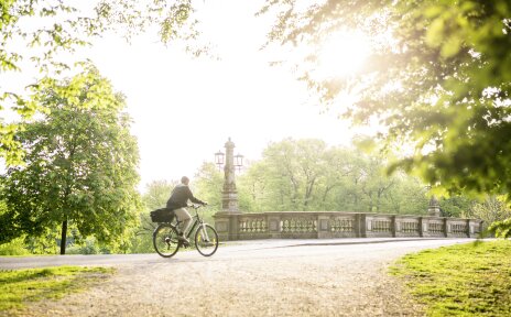 Ein Fahrradfahrer auf der Melchersbrücke im Bürgerpark.
