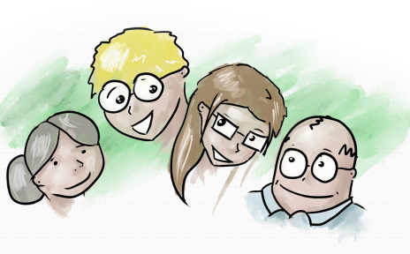 Vier bunte, gezeichnete Comicfiguren unterschiedlichen Alters