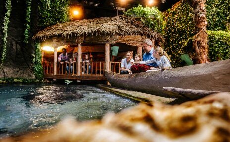 Ein Ausstellungsraum des Klimahauses. Familien stehen an einem kleinen Teich in tropischer Umgebung.