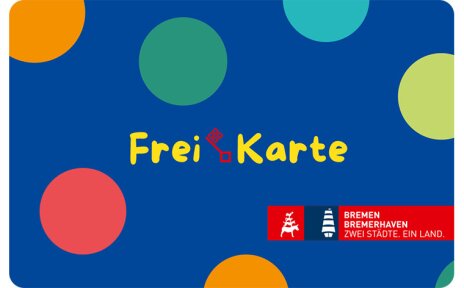 Vorderansicht der FreiKarte. Eine blaue Karte mit bunten Punkten und dem Bremer Schlüssel. Aufschrift: FreiKarte. Logo: Bremen Bremerhaven - Zwei Städte. Ein Land.